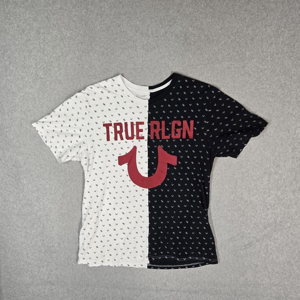 True Religion Men Shirt L Black Graphic Logo SS SPLIT HS CREW Short Sleeve